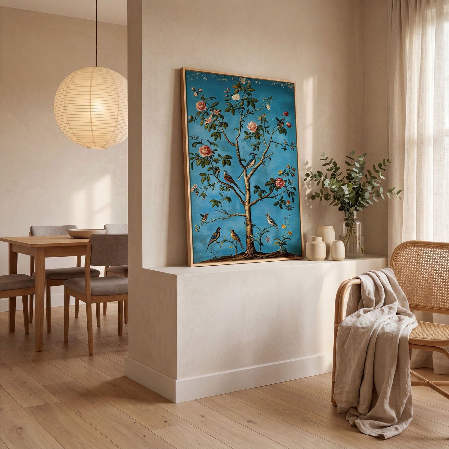 Birds in Blossom Tree Canvas Wall Art, Botanical Portrait Print in white oak floating frame
