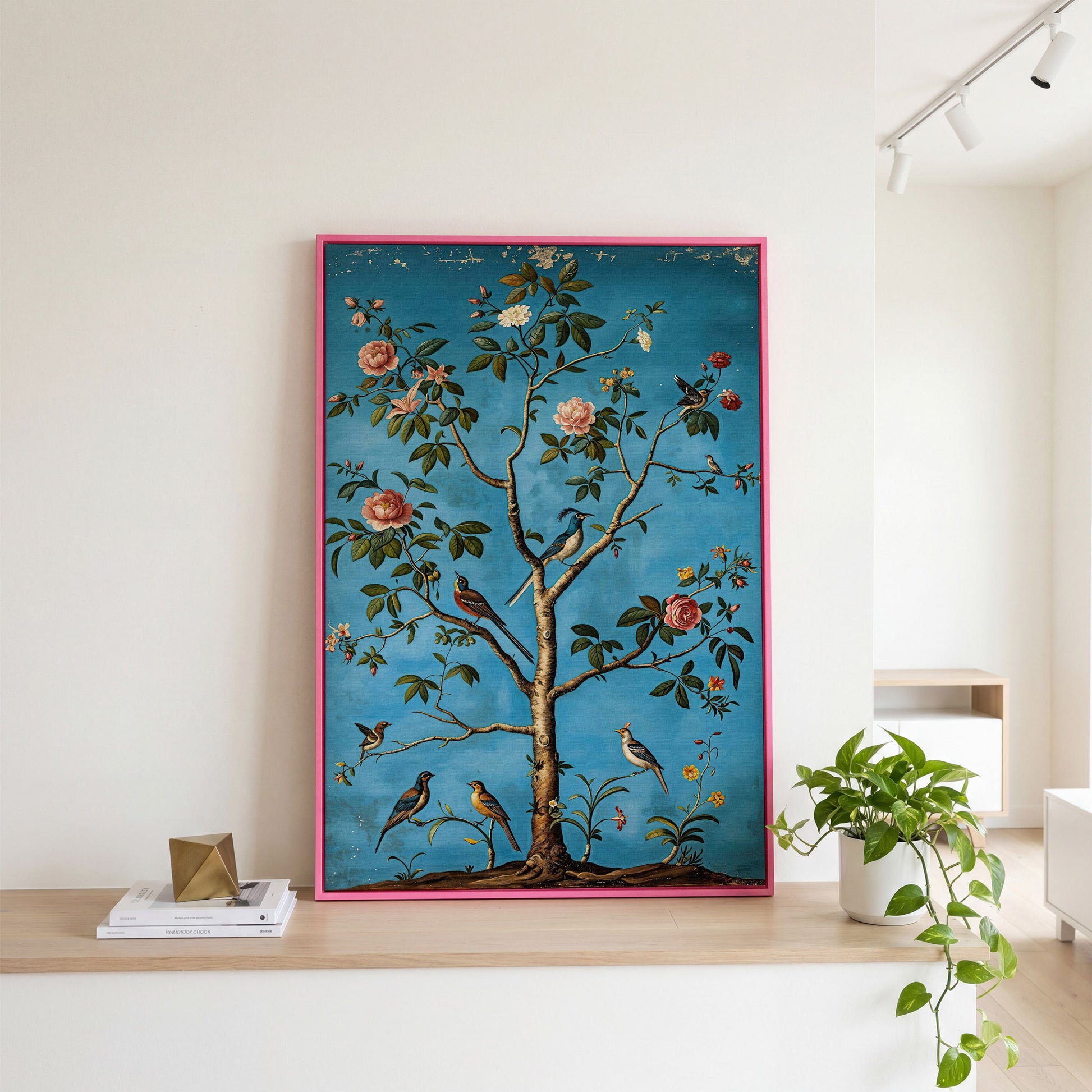 Birds in Blossom Tree Canvas Wall Art, Botanical Portrait Print in pink floating frame