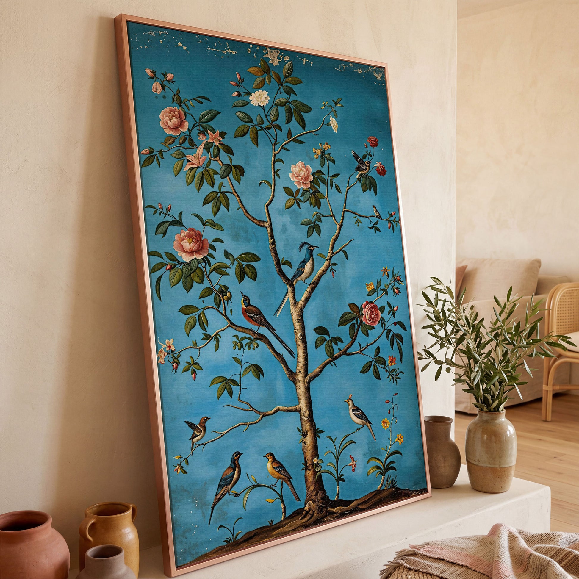 Birds in Blossom Tree Canvas Wall Art, Botanical Portrait Print in rose gold floating frame