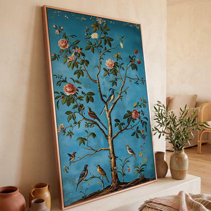 Birds in Blossom Tree Canvas Wall Art, Botanical Portrait Print in rose gold floating frame