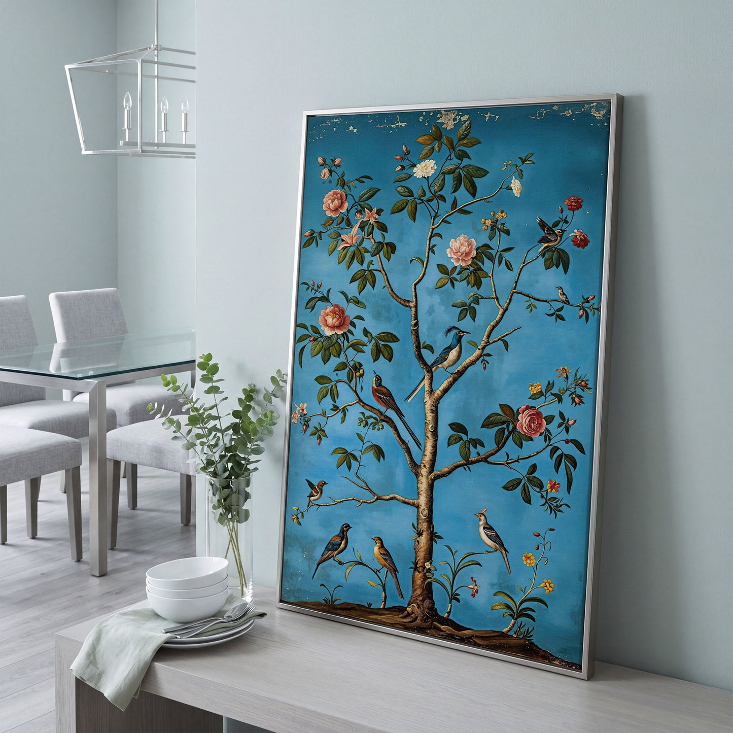Birds in Blossom Tree Canvas Wall Art, Botanical Portrait Print in silver floating frame
