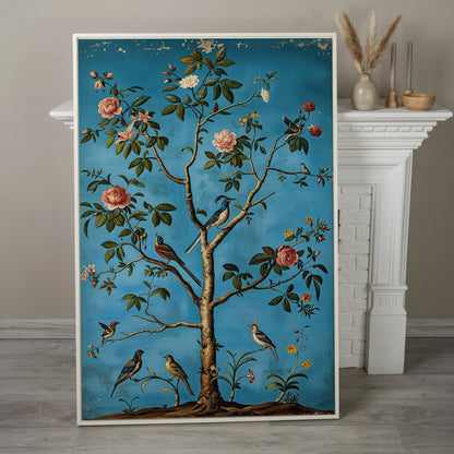 Birds in Blossom Tree Canvas Wall Art, Botanical Portrait Print in white floating frame