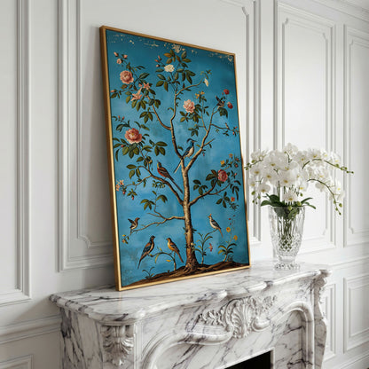 Birds in Blossom Tree Canvas Wall Art, Botanical Portrait Print in yellow gold floating frame