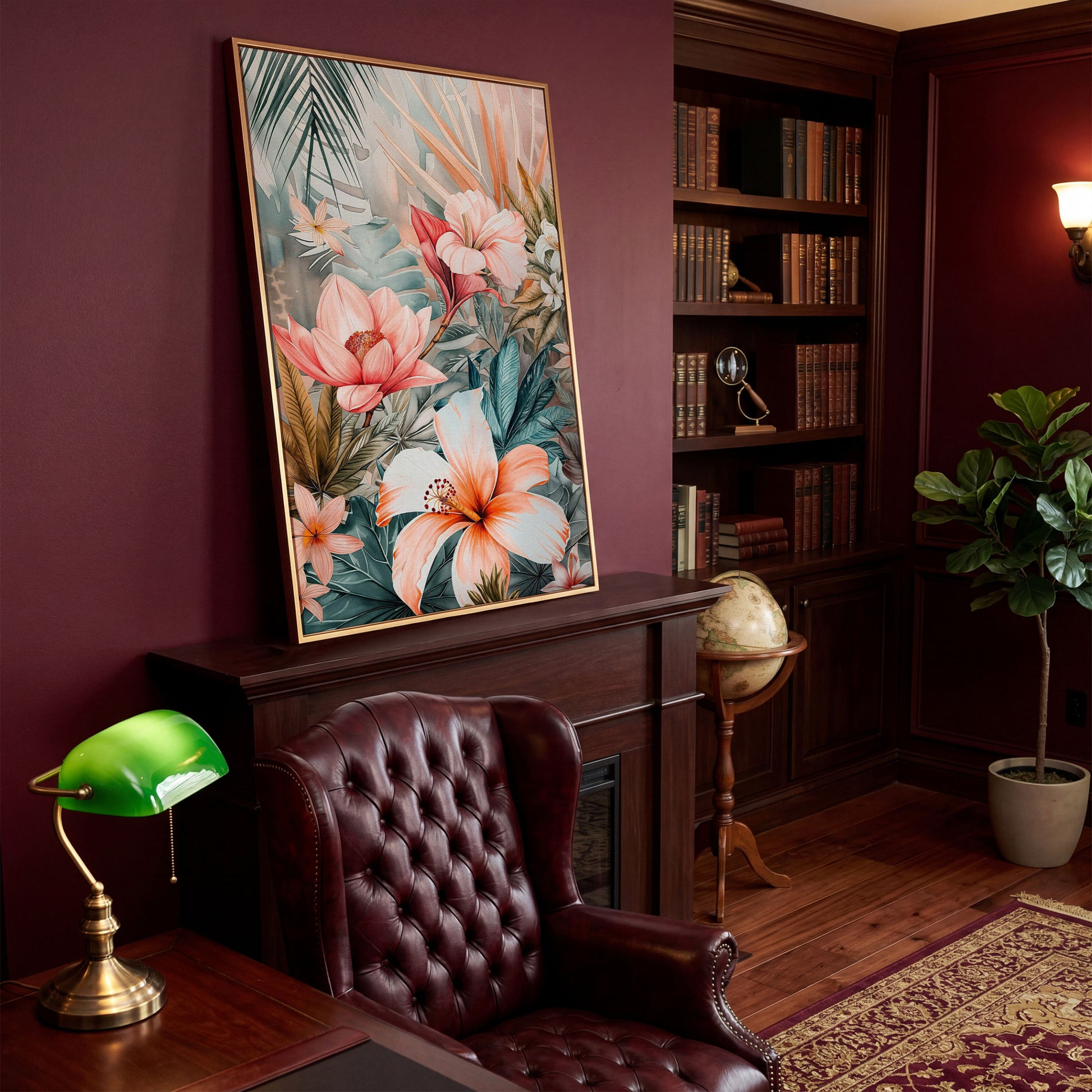 Tropical Botanicals Canvas Art: Hibiscus, Lotus and Palm Foliage in antique gold floating frame
