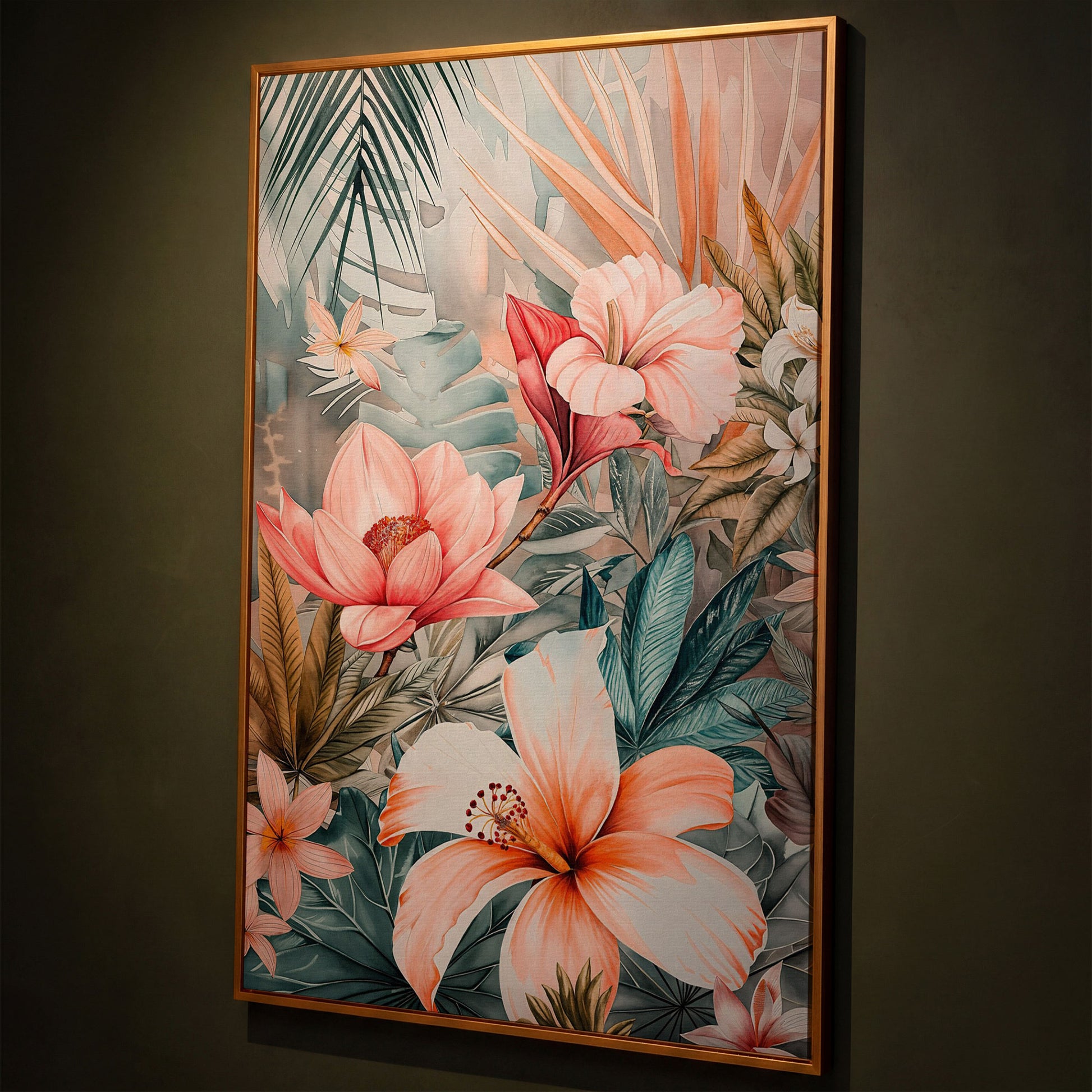 Tropical Botanicals Canvas Art: Hibiscus, Lotus and Palm Foliage shown in antique gold floating frame