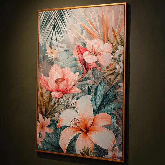 Tropical Botanicals Canvas Art: Hibiscus, Lotus and Palm Foliage shown in antique gold floating frame