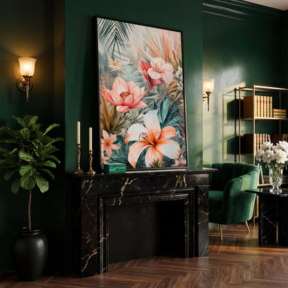 Tropical Botanicals Canvas Art: Hibiscus, Lotus and Palm Foliage in black floating frame