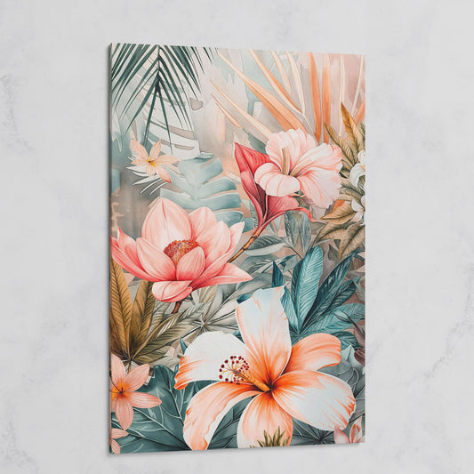 Tropical Botanicals Canvas Art: Hibiscus, Lotus and Palm Foliage on gallery wrap
