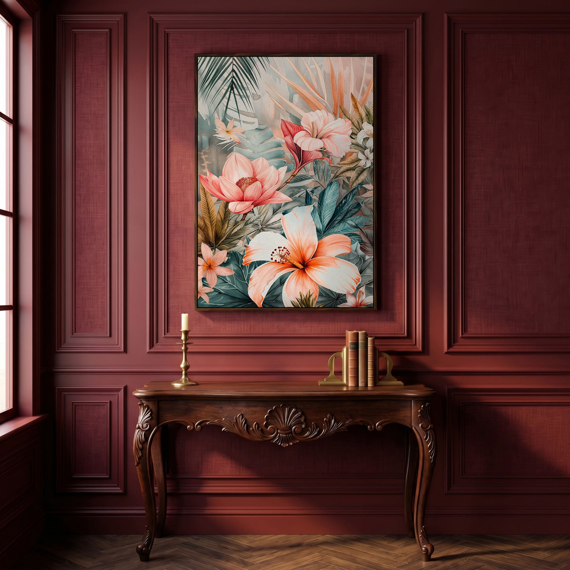 Tropical Botanicals Canvas Art: Hibiscus, Lotus and Palm Foliage in dark walnut floating frame