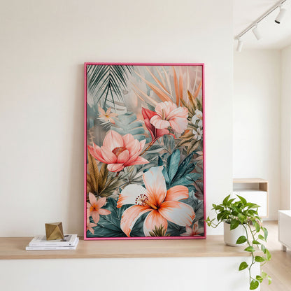 Tropical Botanicals Canvas Art: Hibiscus, Lotus and Palm Foliage in pink floating frame