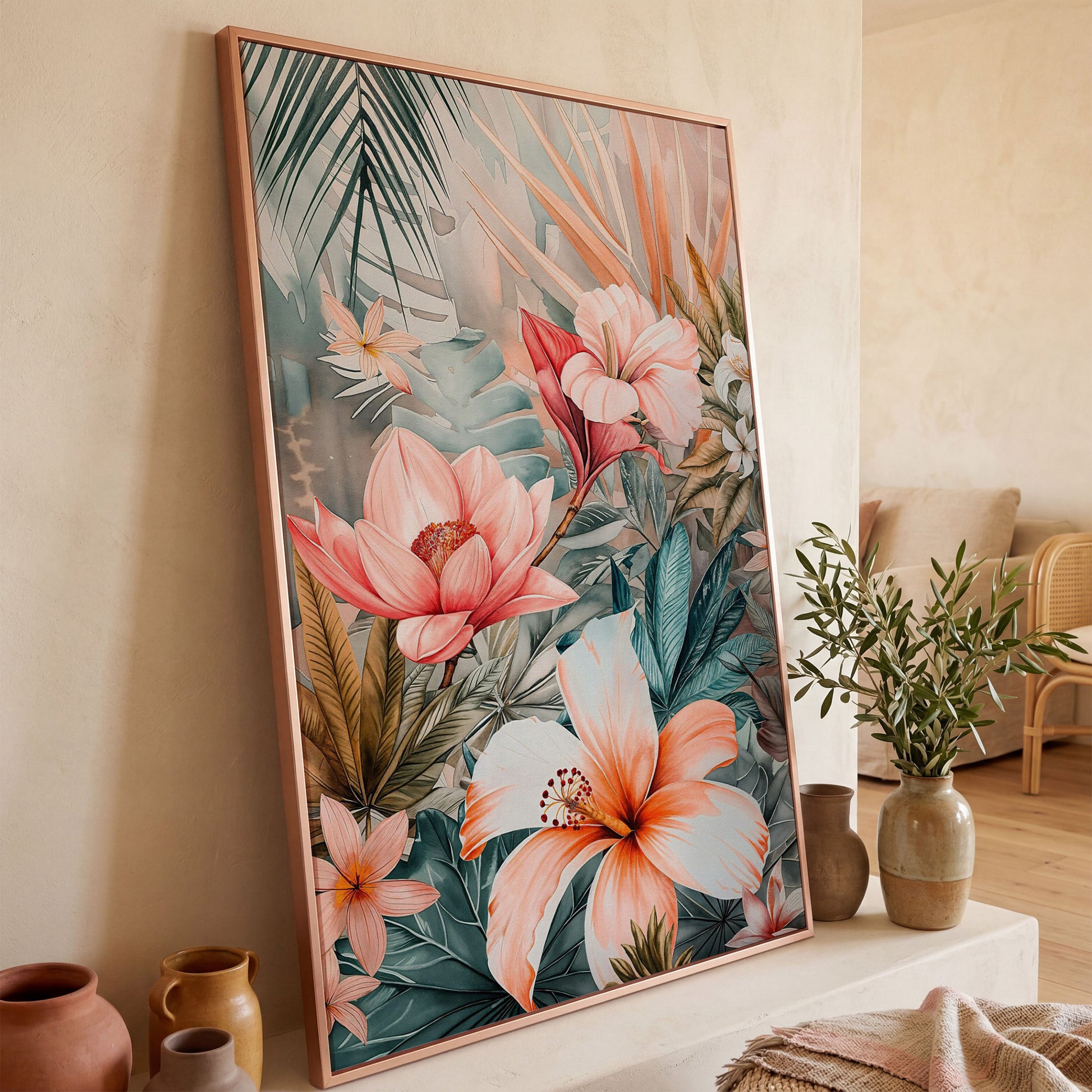 Tropical Botanicals Canvas Art: Hibiscus, Lotus and Palm Foliage in rose gold floating frame