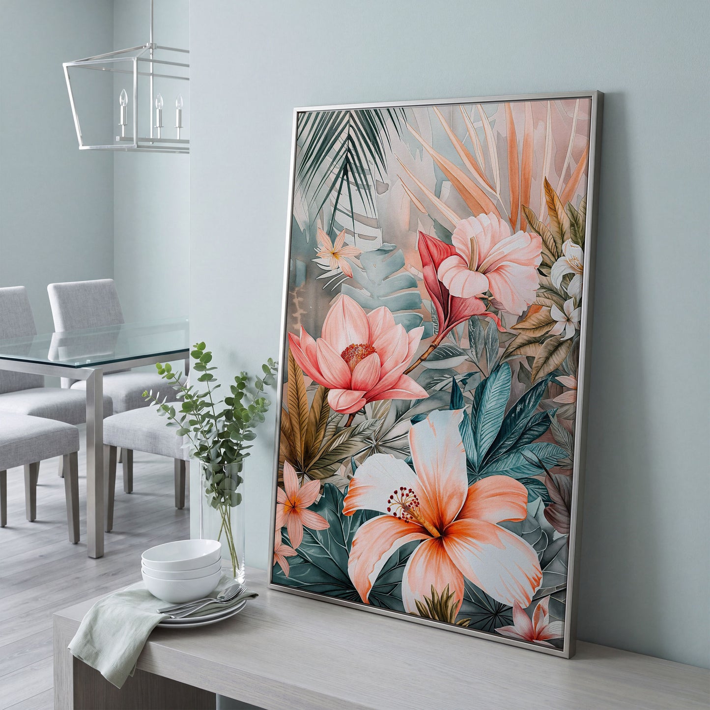 Tropical Botanicals Canvas Art: Hibiscus, Lotus and Palm Foliage in silver floating frame