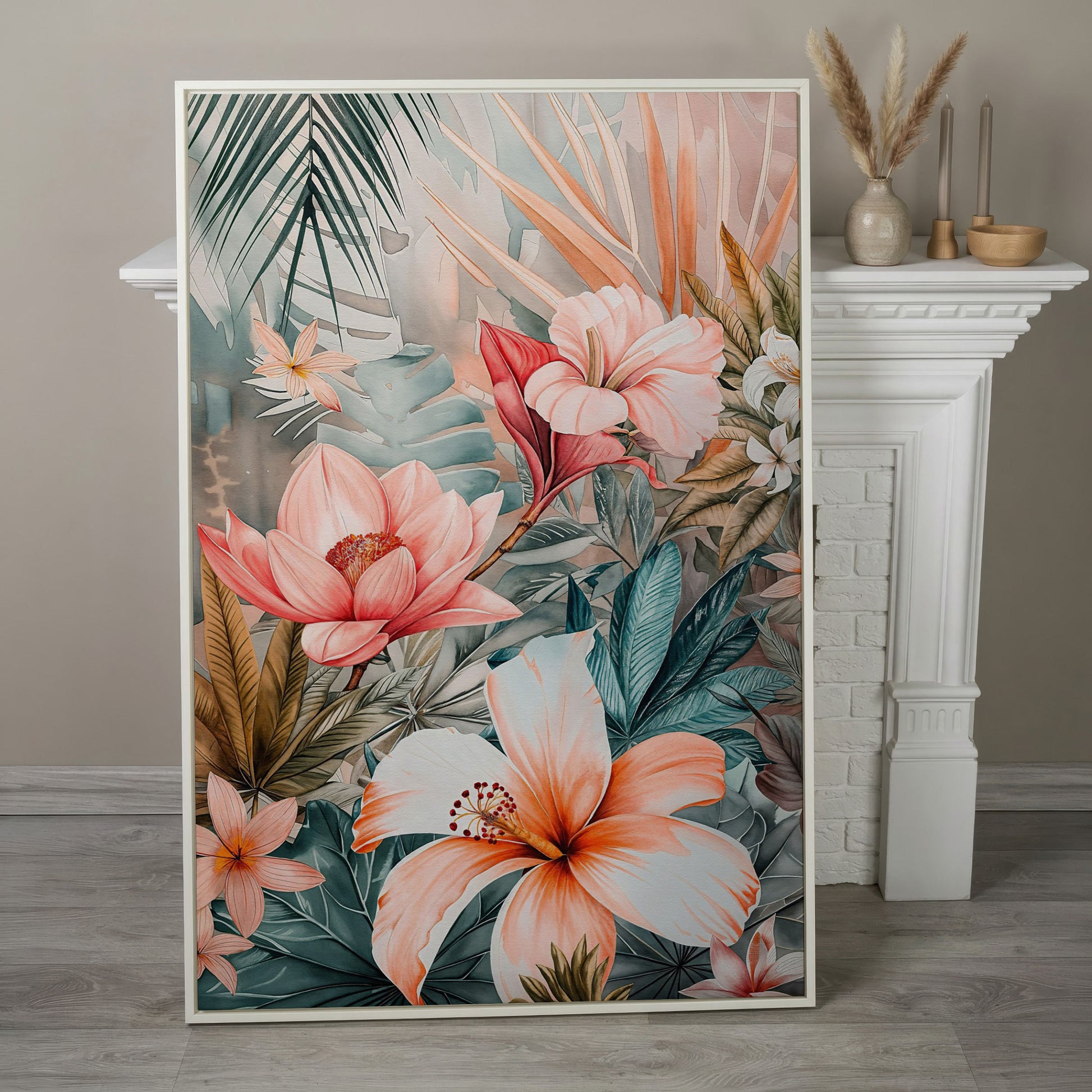 Tropical Botanicals Canvas Art: Hibiscus, Lotus and Palm Foliage in white floating frame