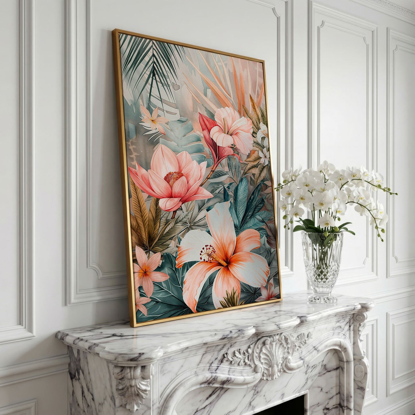 Tropical Botanicals Canvas Art: Hibiscus, Lotus and Palm Foliage in yellow gold floating frame