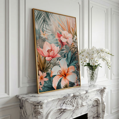 Tropical Botanicals Canvas Art: Hibiscus, Lotus and Palm Foliage in yellow gold floating frame