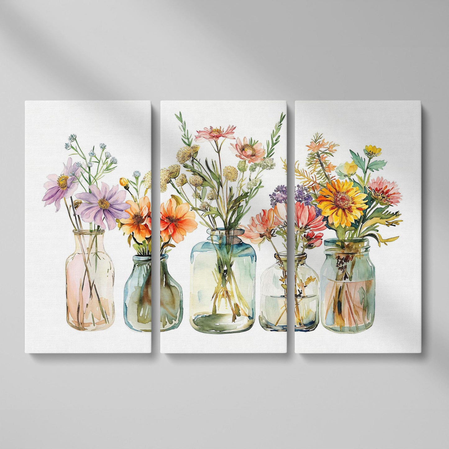 Wildflowers in Glass Jars and Bottles, Floral Still Life Canvas as 3-panel split version