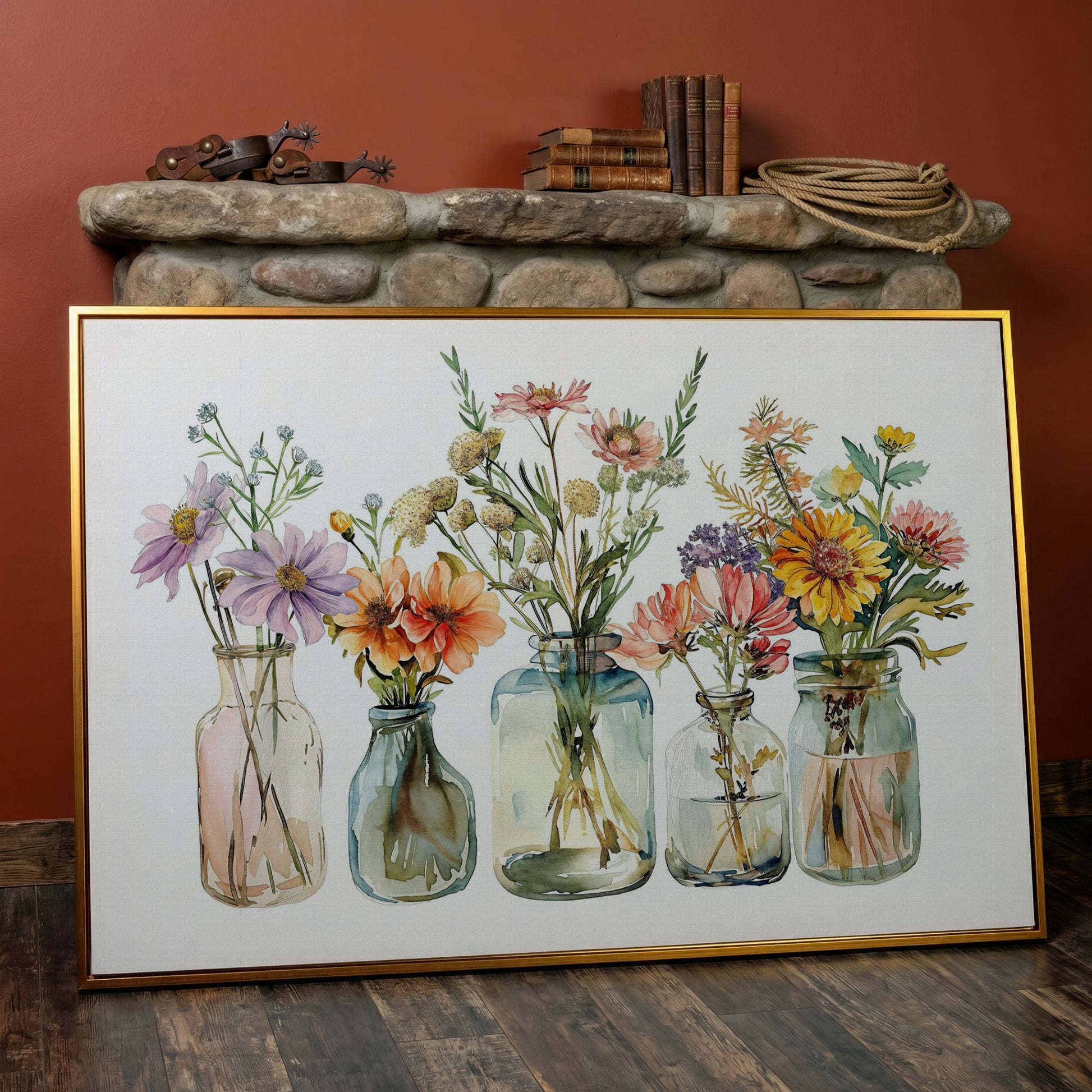 Wildflowers in Glass Jars and Bottles, Floral Still Life Canvas in antique gold floating frame