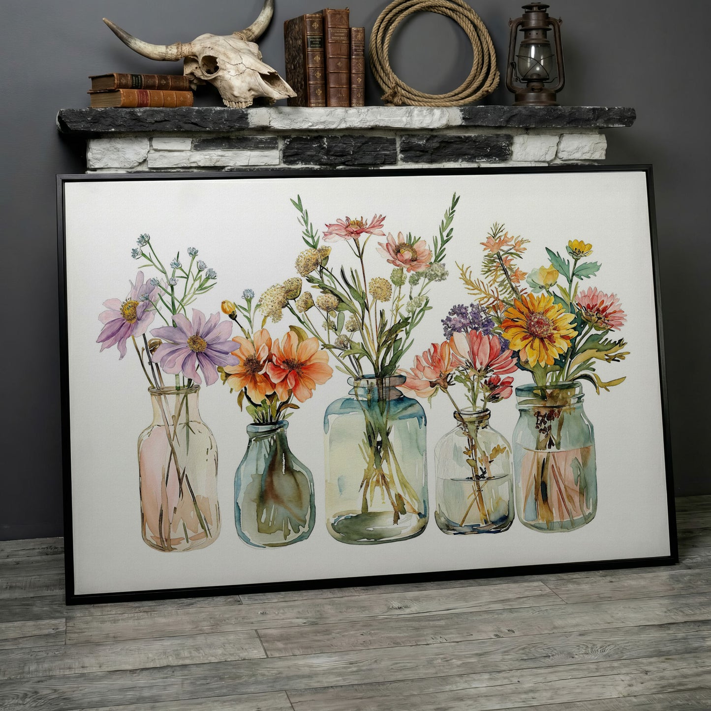 Wildflowers in Glass Jars and Bottles, Floral Still Life Canvas in black floating frame