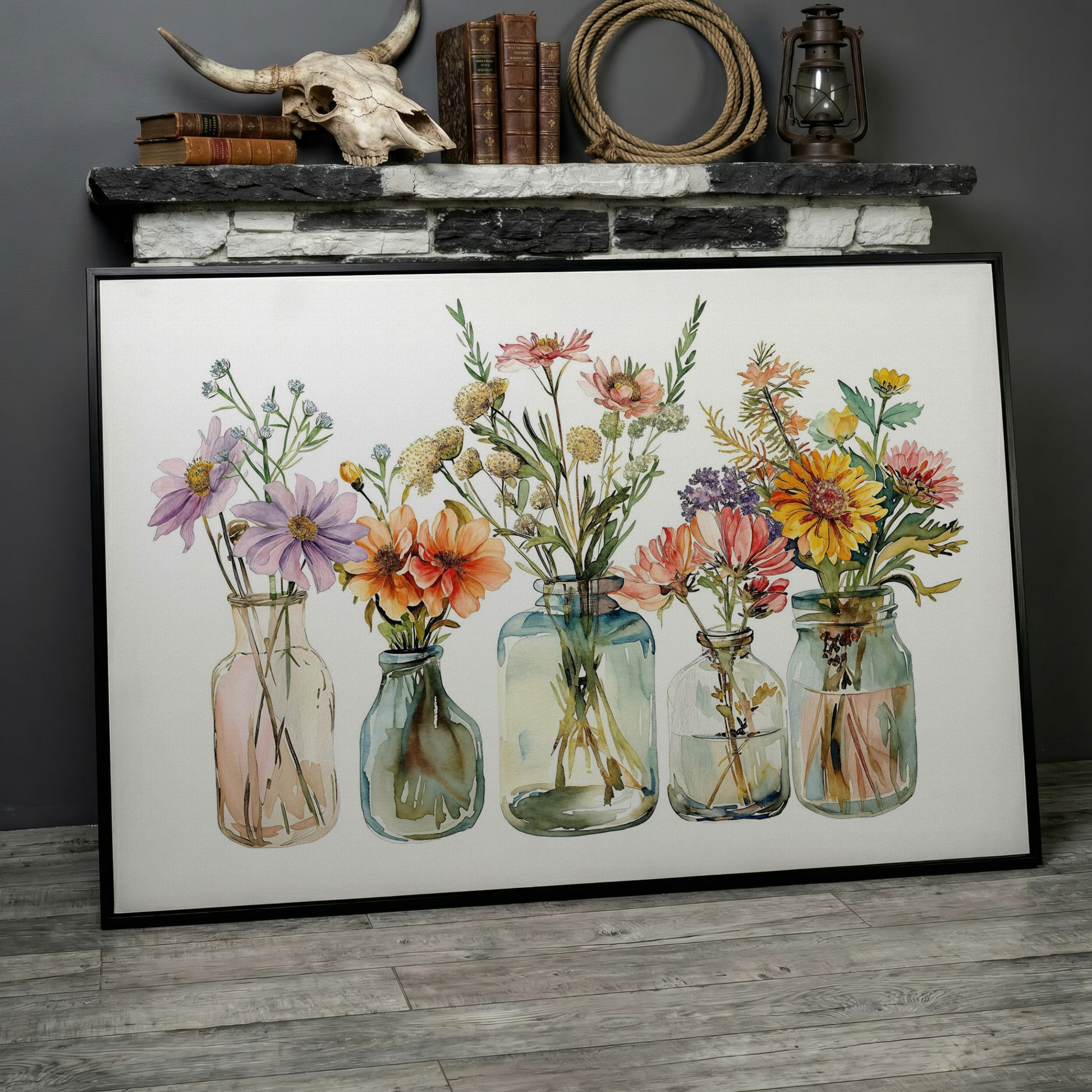 Wildflowers in Glass Jars and Bottles, Floral Still Life Canvas in black floating frame