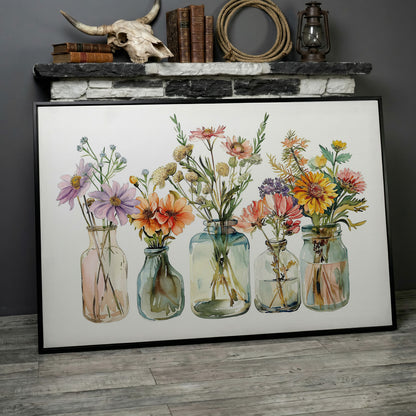 Wildflowers in Glass Jars and Bottles, Floral Still Life Canvas in black floating frame