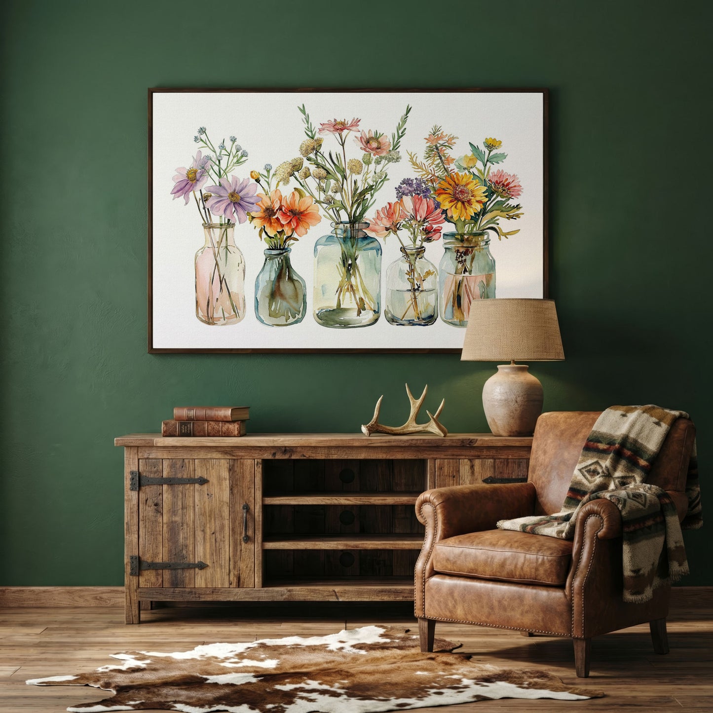 Wildflowers in Glass Jars and Bottles, Floral Still Life Canvas in dark walnut floating frame