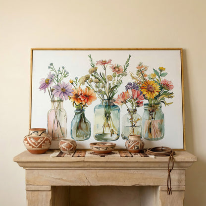 Wildflowers in Glass Jars and Bottles, Floral Still Life Canvas in white oak floating frame