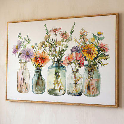 Wildflowers in Glass Jars and Bottles, Floral Still Life Canvas shown in white oak floating frame