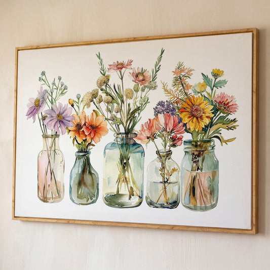 Wildflowers in Glass Jars and Bottles, Floral Still Life Canvas shown in white oak floating frame