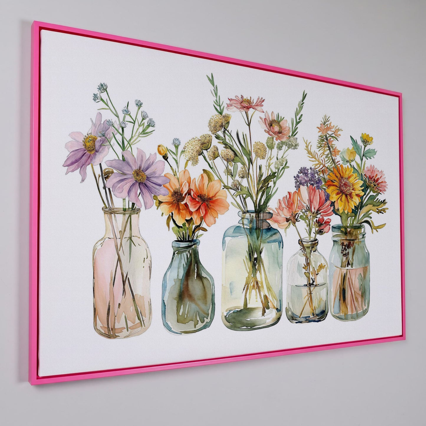 Wildflowers in Glass Jars and Bottles, Floral Still Life Canvas in pink floating frame