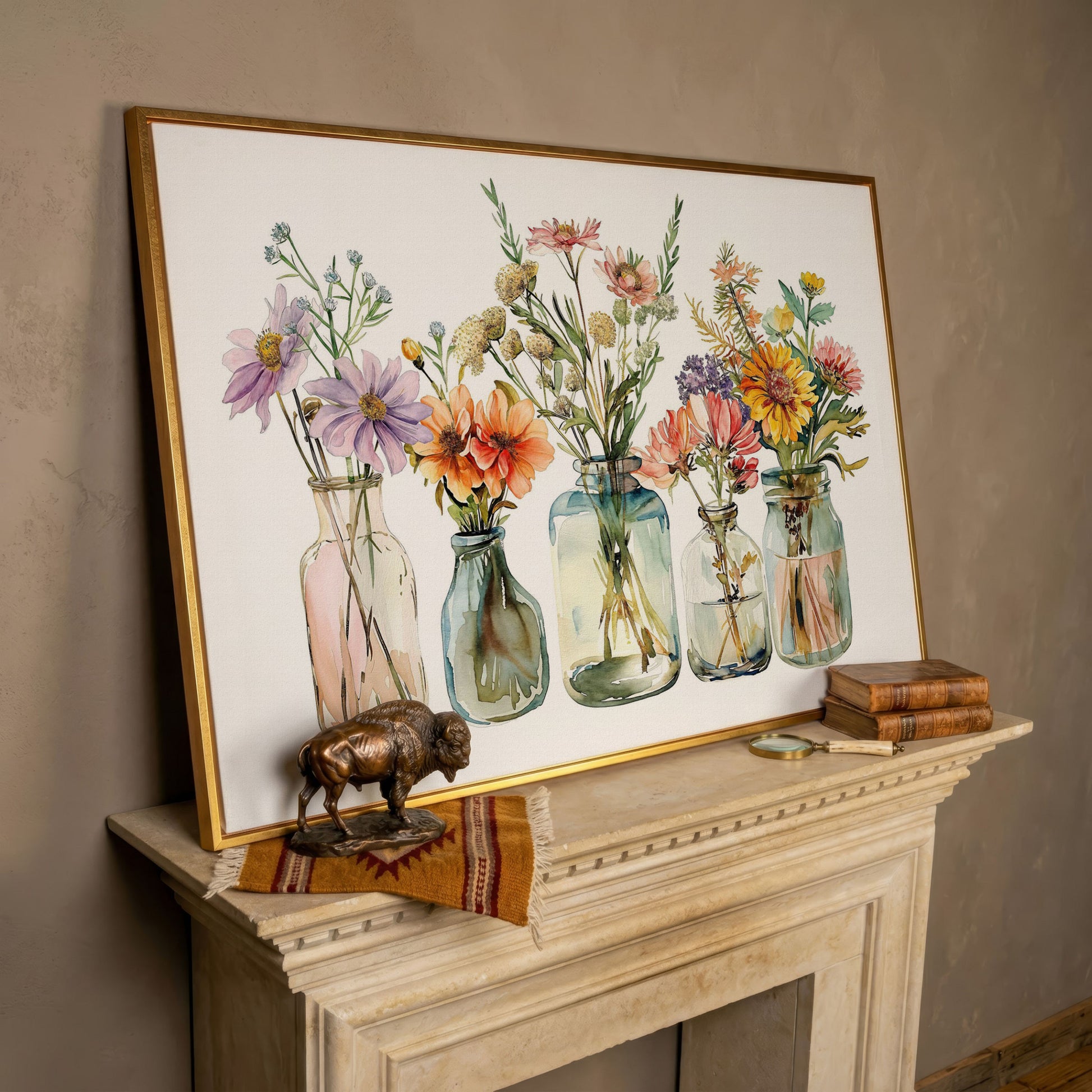 Wildflowers in Glass Jars and Bottles, Floral Still Life Canvas in rose gold floating frame