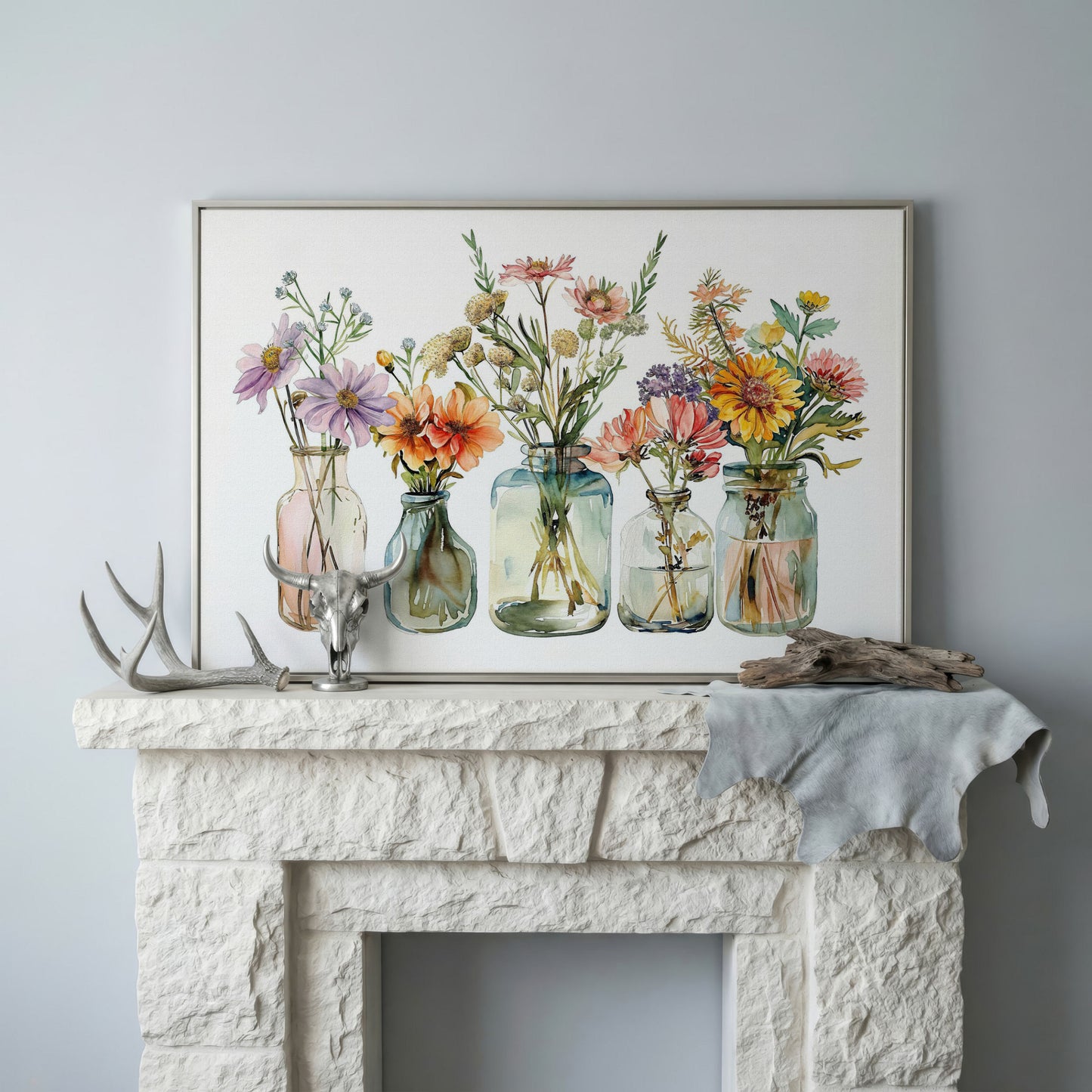 Wildflowers in Glass Jars and Bottles, Floral Still Life Canvas in silver floating frame
