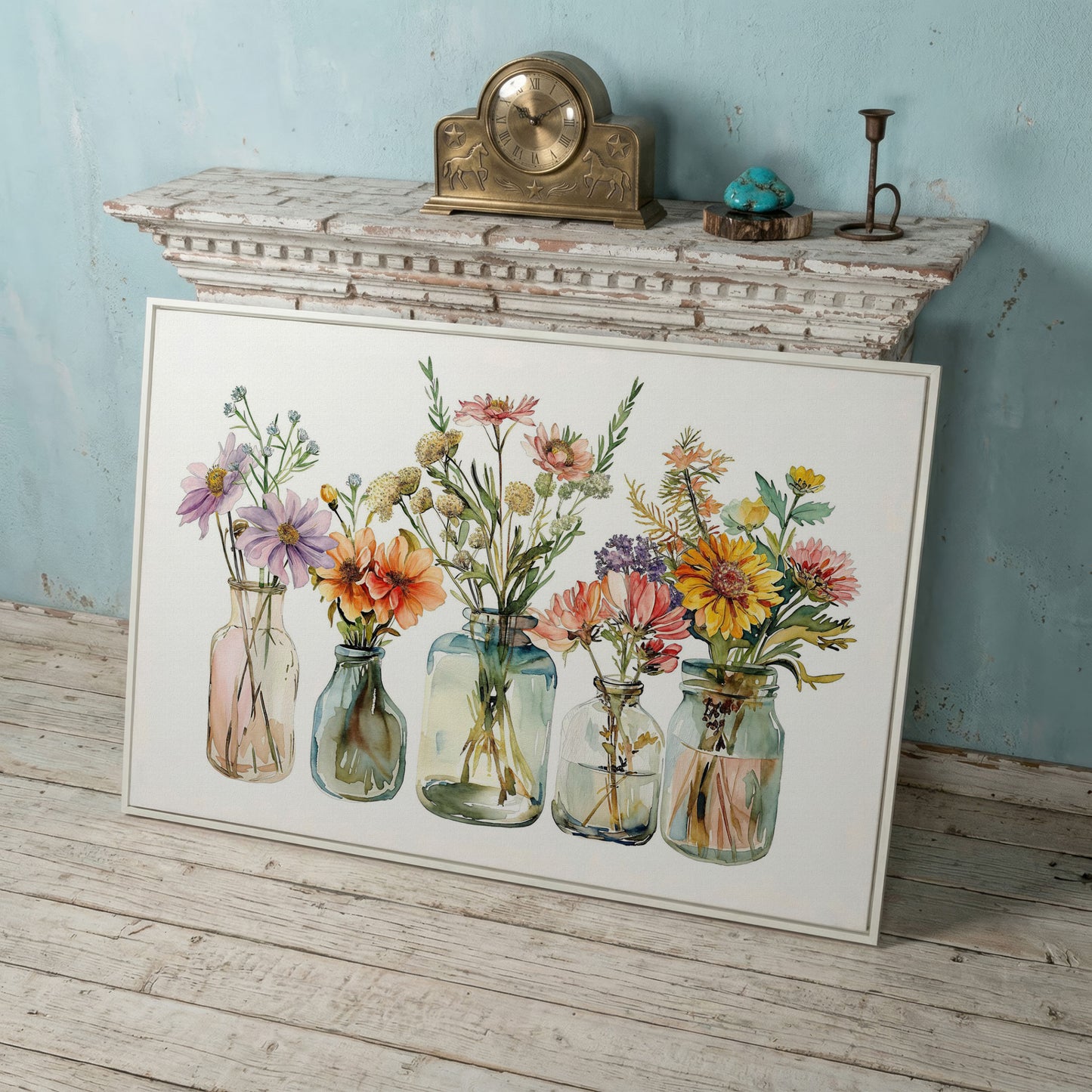 Wildflowers in Glass Jars and Bottles, Floral Still Life Canvas in white floating frame