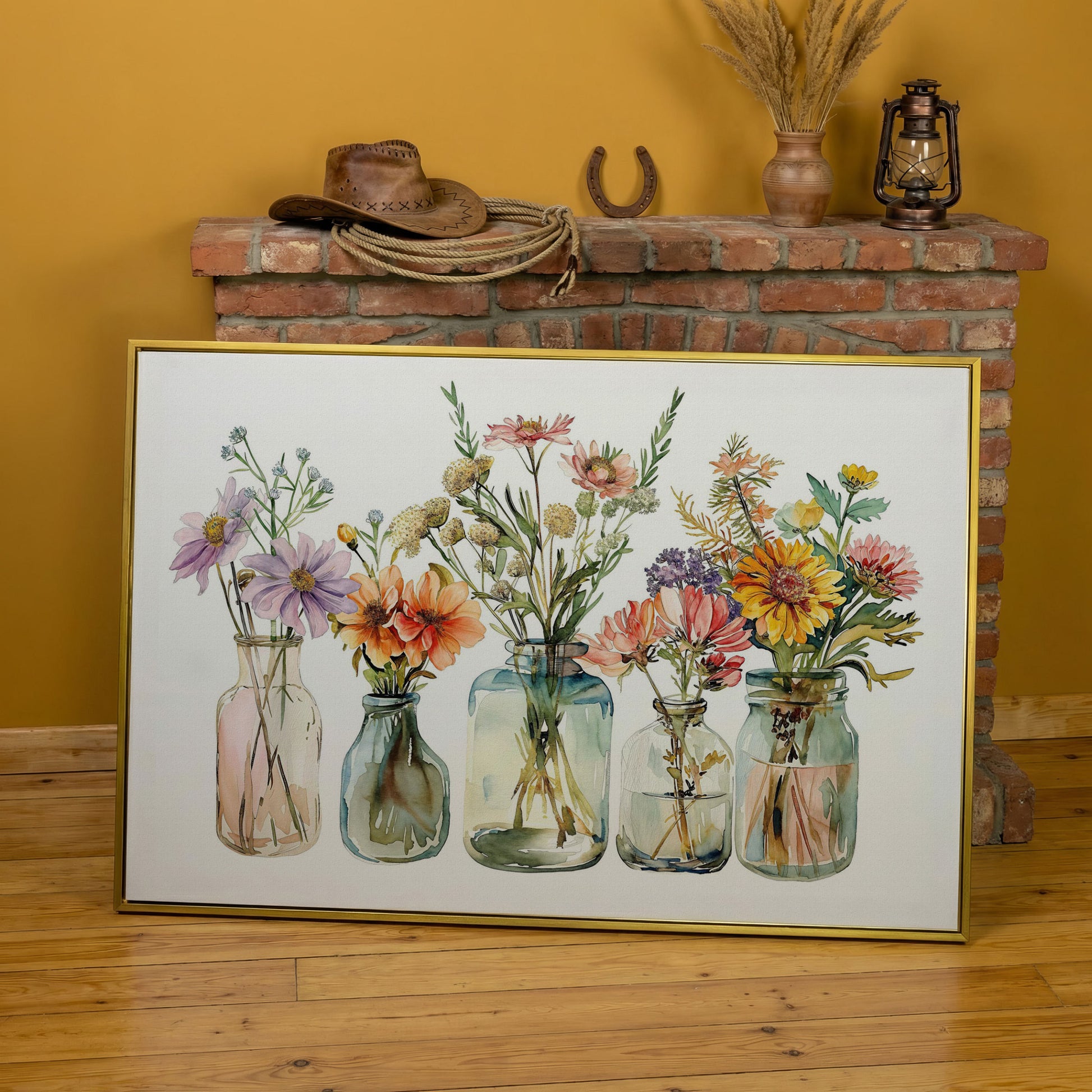 Wildflowers in Glass Jars and Bottles, Floral Still Life Canvas in yellow gold floating frame