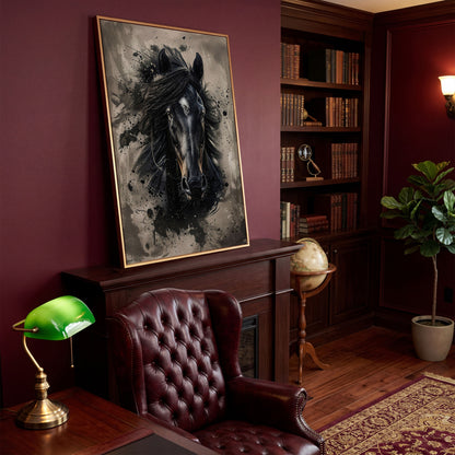Black Horse Portrait with White Star, Abstract Canvas Wall Art in antique gold floating frame