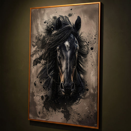 Black Horse Portrait with White Star, Abstract Canvas Wall Art shown in antique gold floating frame