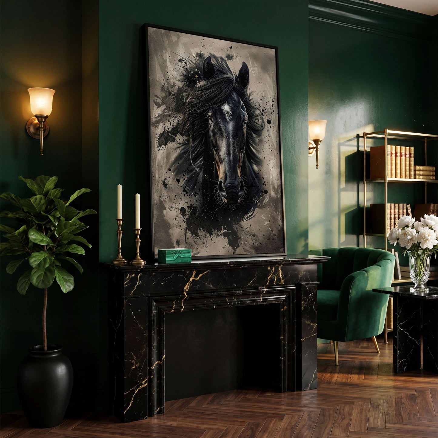 Black Horse Portrait with White Star, Abstract Canvas Wall Art in black floating frame