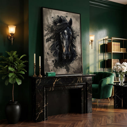 Black Horse Portrait with White Star, Abstract Canvas Wall Art in black floating frame