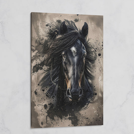 Black Horse Portrait with White Star, Abstract Canvas Wall Art on gallery wrap