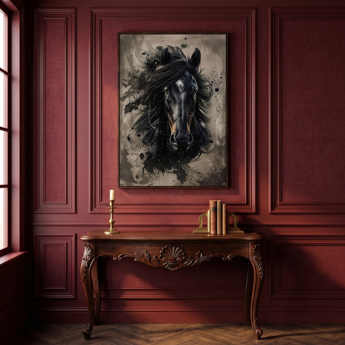 Black Horse Portrait with White Star, Abstract Canvas Wall Art in dark walnut floating frame