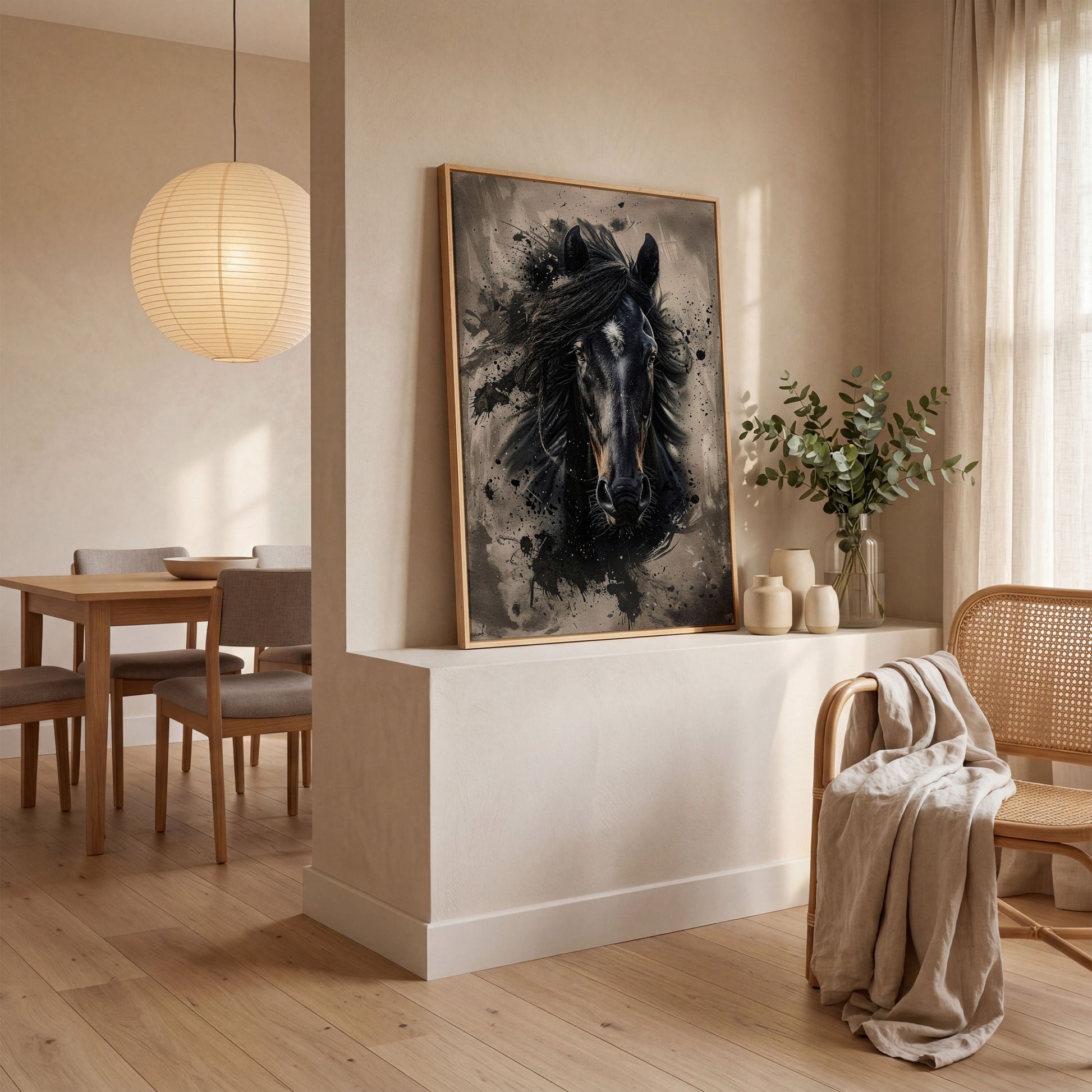 Black Horse Portrait with White Star, Abstract Canvas Wall Art in white oak floating frame
