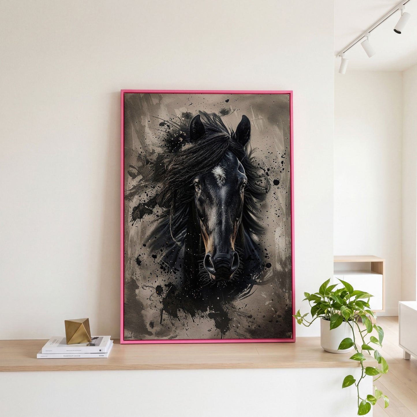 Black Horse Portrait with White Star, Abstract Canvas Wall Art in pink floating frame