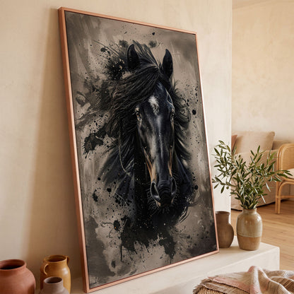 Black Horse Portrait with White Star, Abstract Canvas Wall Art in rose gold floating frame