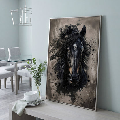 Black Horse Portrait with White Star, Abstract Canvas Wall Art in silver floating frame