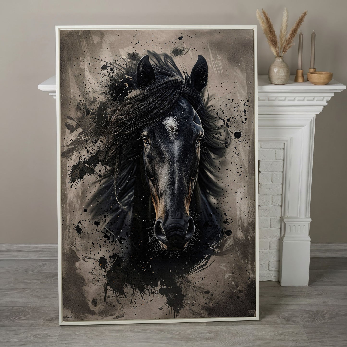 Black Horse Portrait with White Star, Abstract Canvas Wall Art in white floating frame