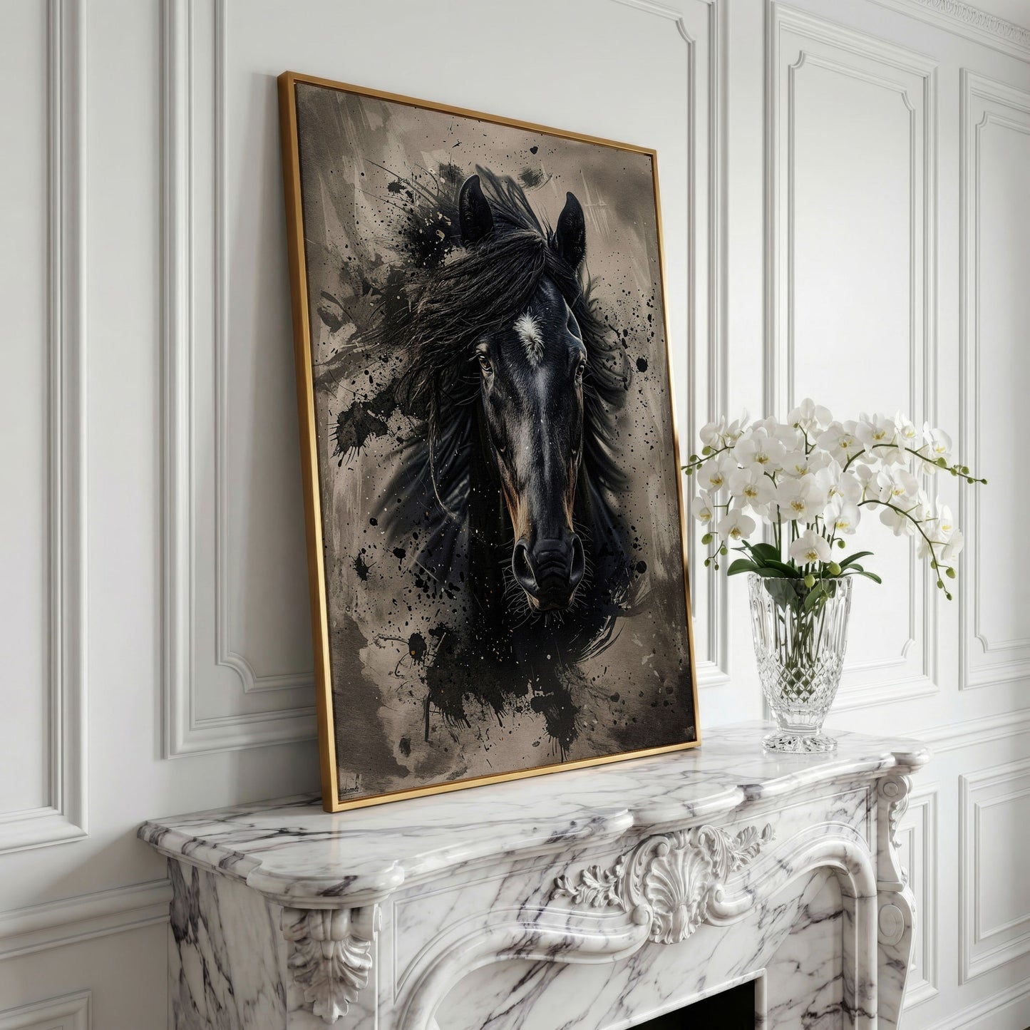 Black Horse Portrait with White Star, Abstract Canvas Wall Art in yellow gold floating frame