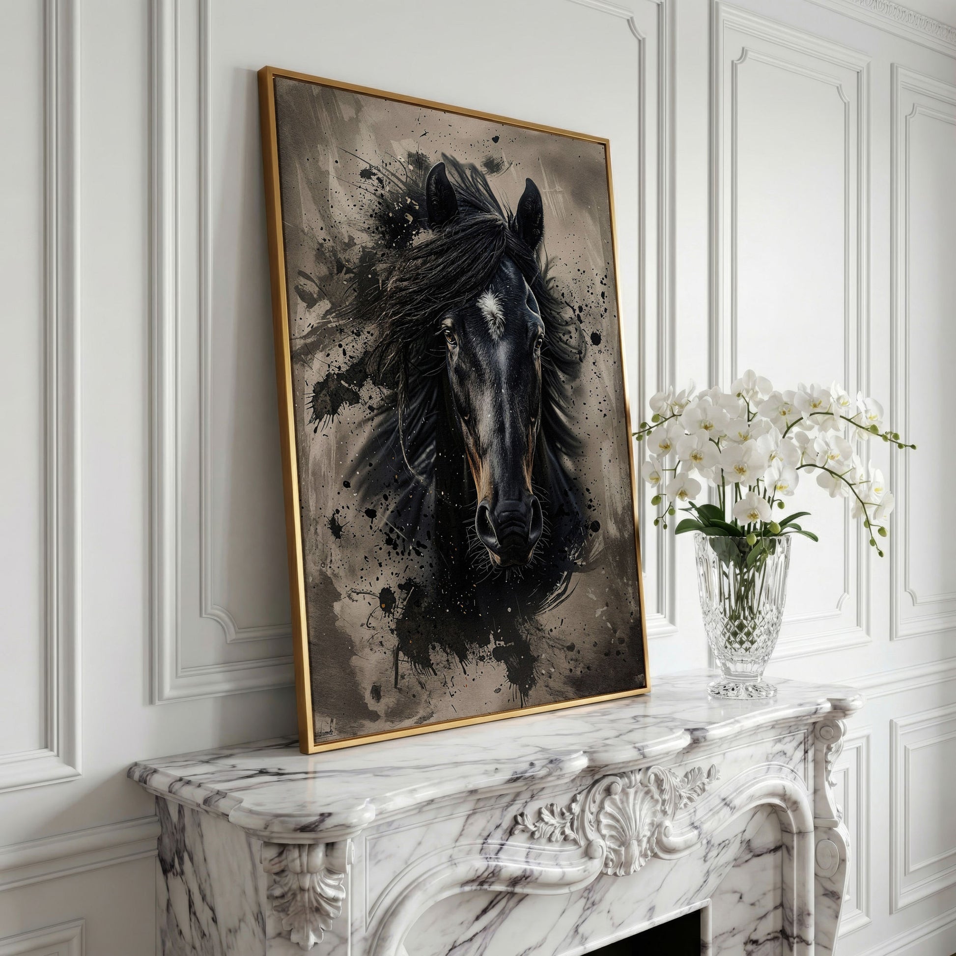 Black Horse Portrait with White Star, Abstract Canvas Wall Art in yellow gold floating frame