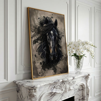 Black Horse Portrait with White Star, Abstract Canvas Wall Art in yellow gold floating frame