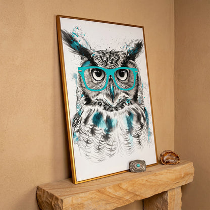 Owl in Turquoise Glasses Portrait Canvas Wall Art in antique gold floating frame