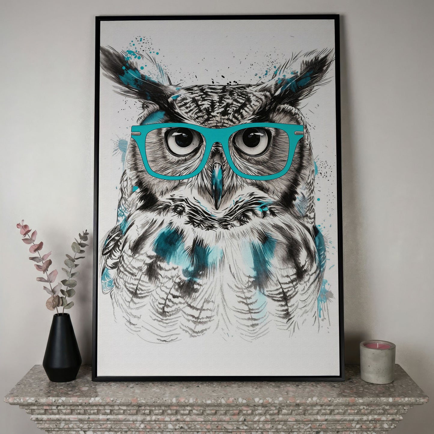 Owl in Turquoise Glasses Portrait Canvas Wall Art in black floating frame