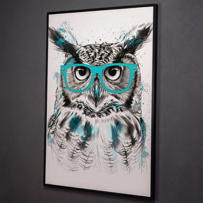 Owl in Turquoise Glasses Portrait Canvas Wall Art shown in black floating frame